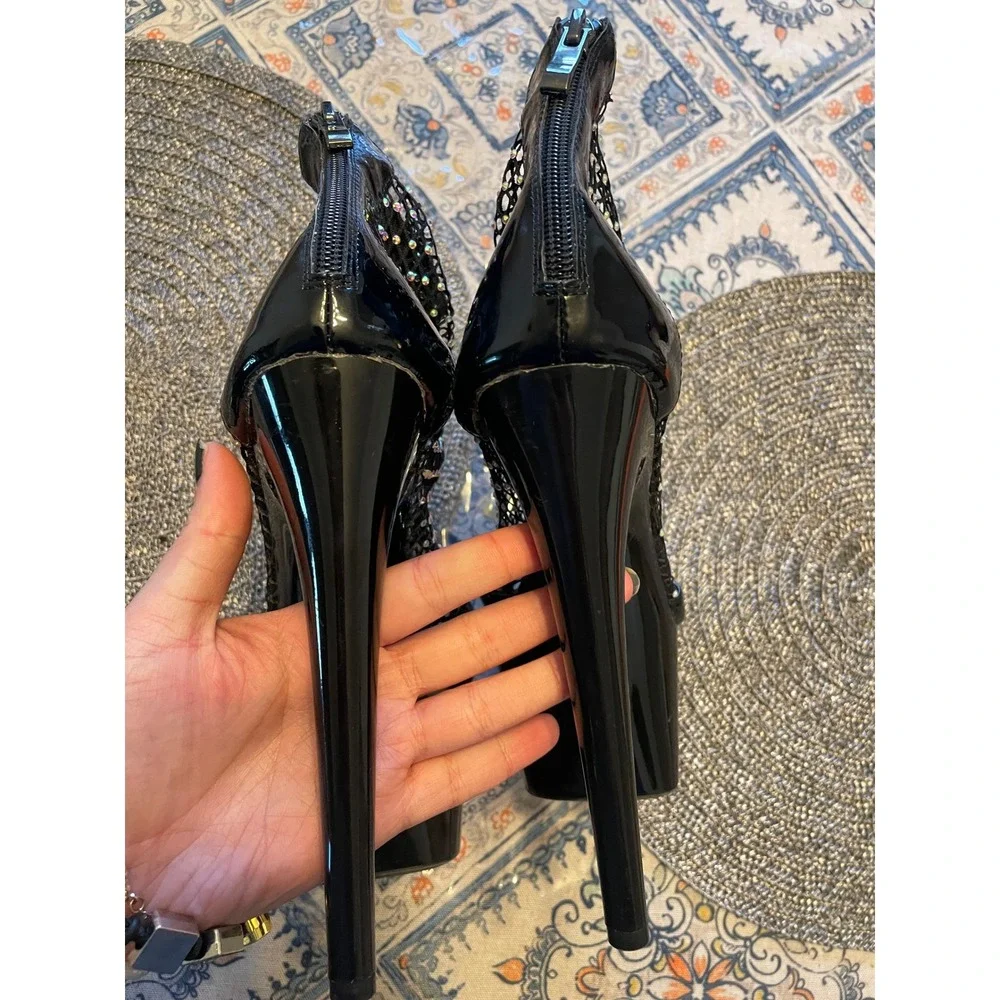 Black Patent Rhinestone Fishnet Platform Ankle Boots Open Toe Stiletto Heels